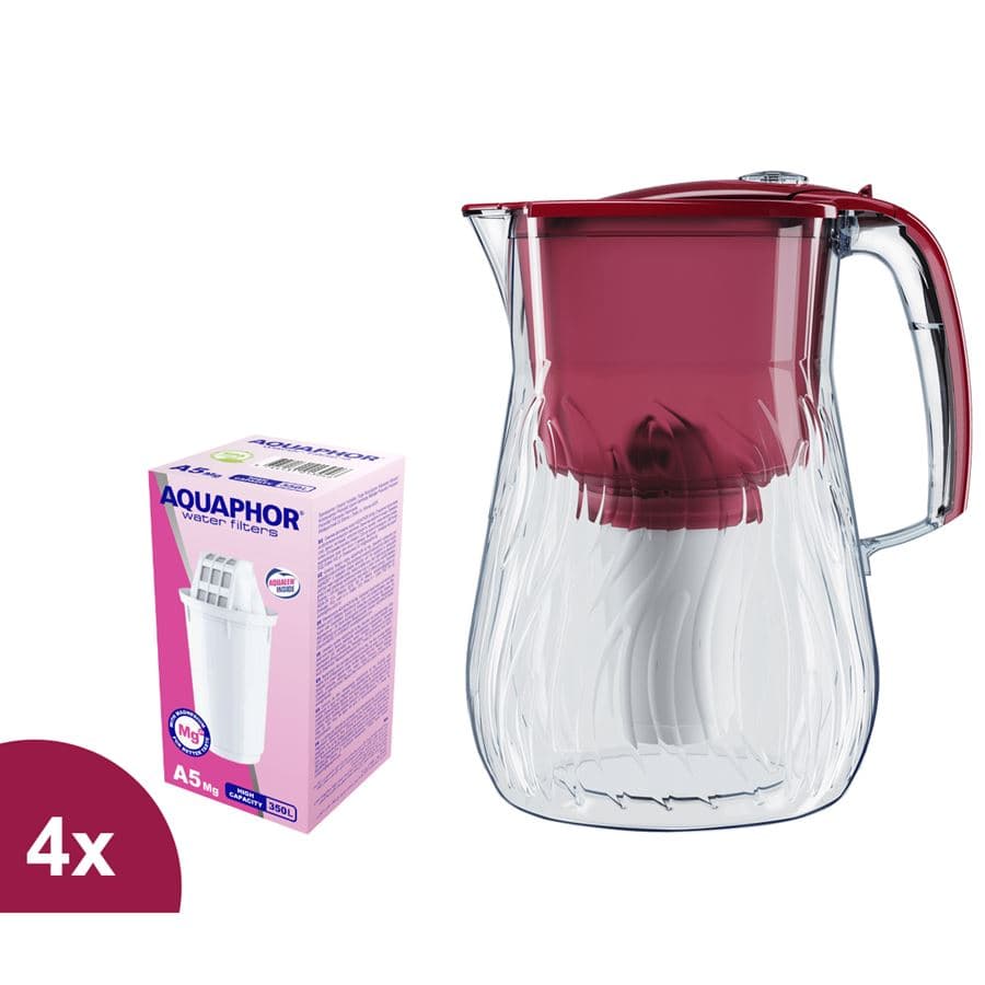 Aquaphor Orleans filtrační konvice červená 4,2 l + 4 ks filtru A5 Mg+ obohacený o hořčík