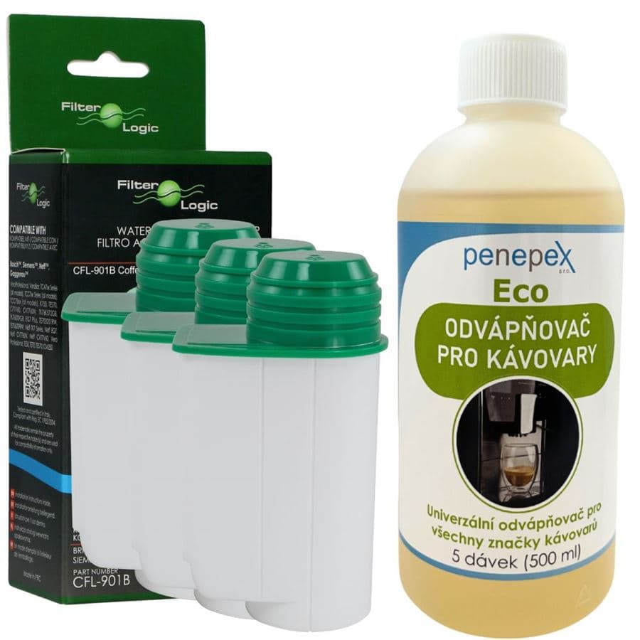 FilterLogic CFL-901B filtr do kávovaru (kompatibilní s Brita Intenza TZ70003 Bosch Siemens AEG) (3 ks) + Penepex Eco univerzální odvápňovač 500 ml